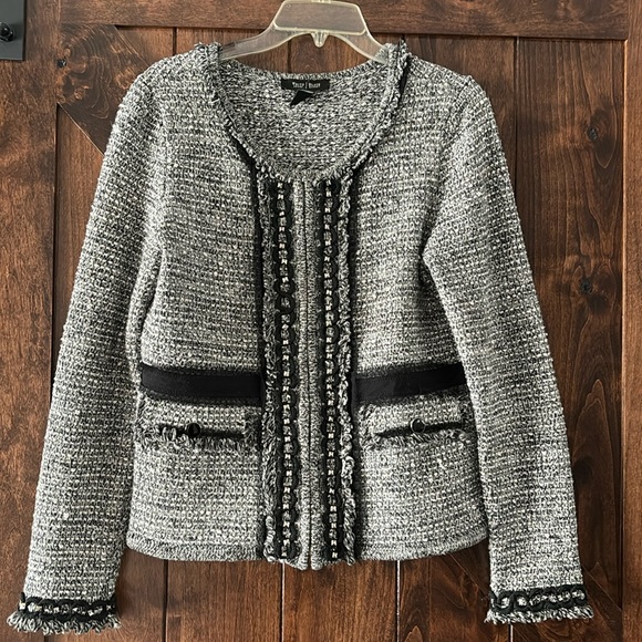 WHBM Sweater Blazer Jacket Black White Stitched Lightweight Cardigan Fabric Sz M - Picture 1 of 9